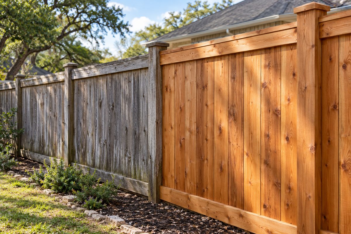 Residential cedar privacy fence restored to natural golden tone through low-pressure wood wash