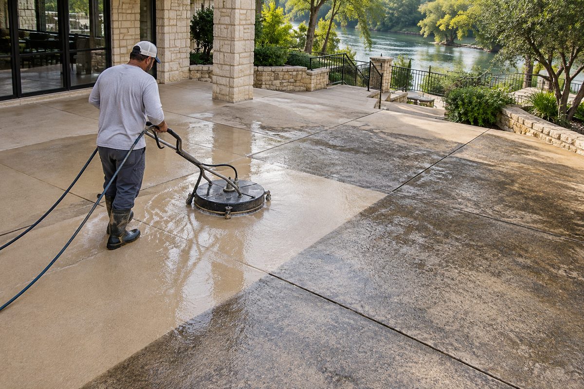 Commercial concrete walkway receiving thorough rotary pressure washing pass