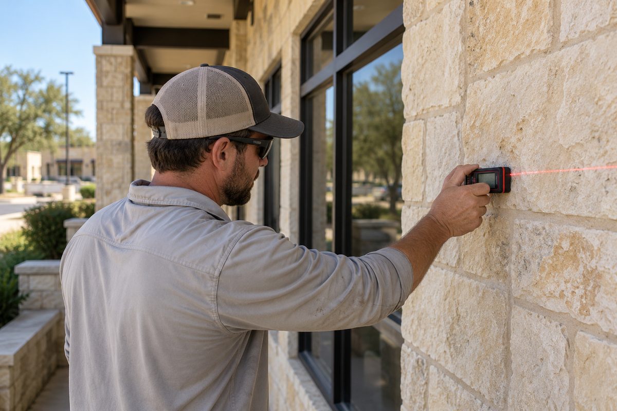 Technician measuring Texas limestone exterior wall dimensions during an on-site property assessment