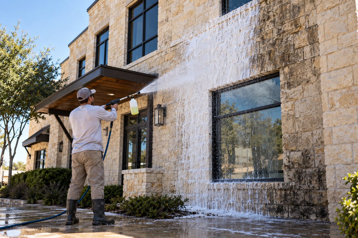 Commercial Texas limestone building facade undergoing gentle chemical soft washing in morning sunlight
