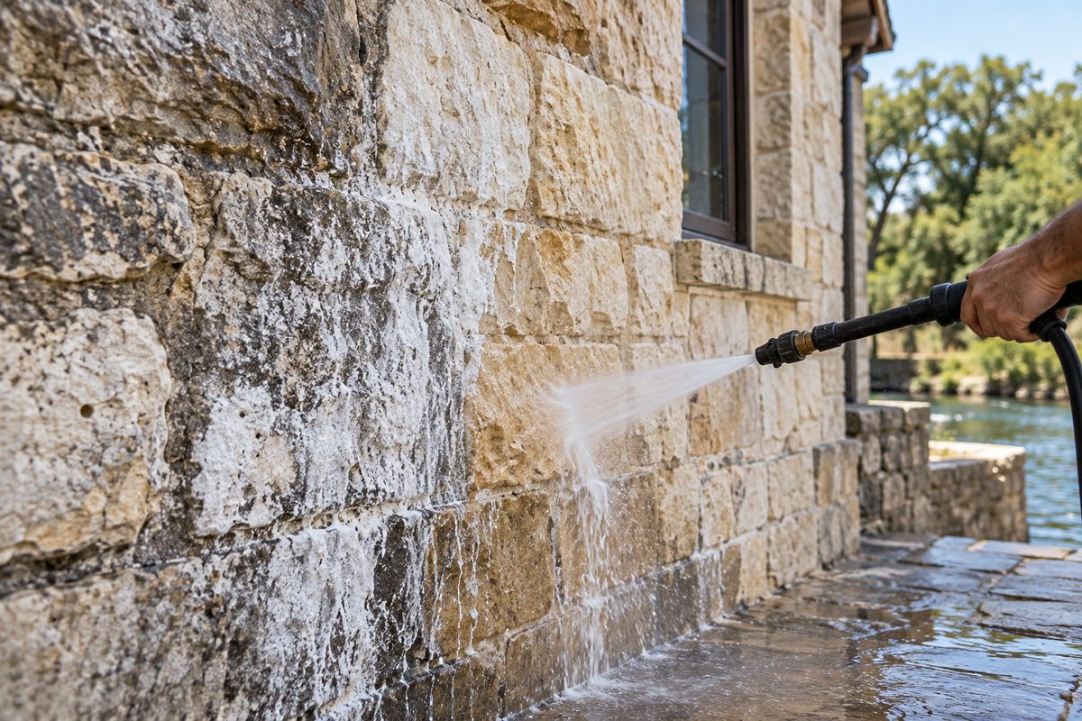 Architectural Texas limestone wall displaying mineral efflorescence extraction and clean stone surface
