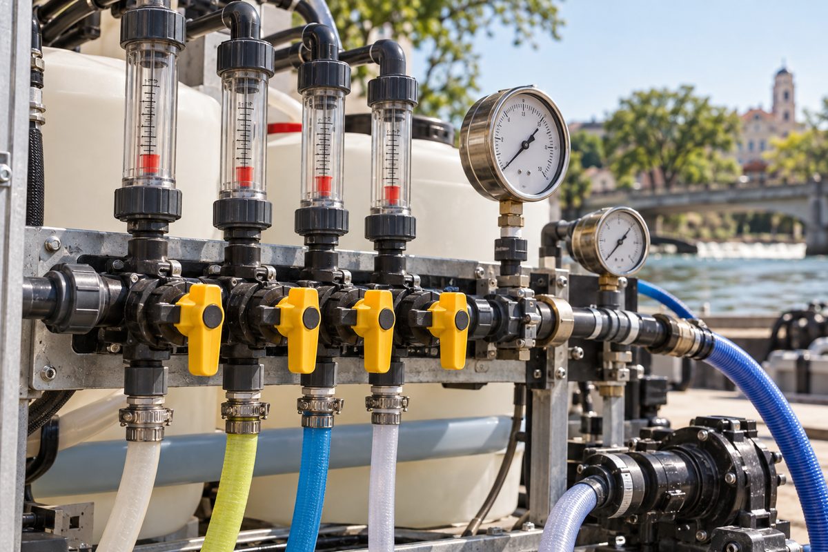 Calibrated chemical proportioning manifold controls and pressure gauges on an exterior cleaning rig