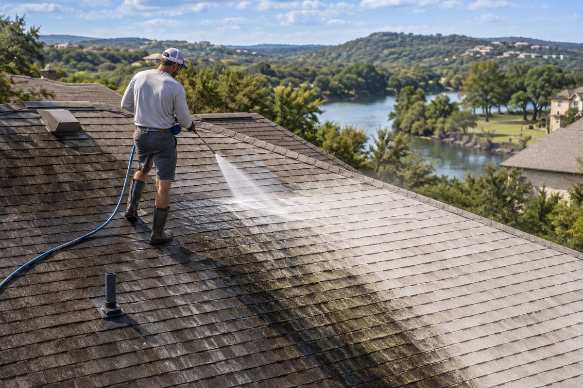 Architectural roof shingles receiving soft wash chemical treatment to remove dark algae streaks