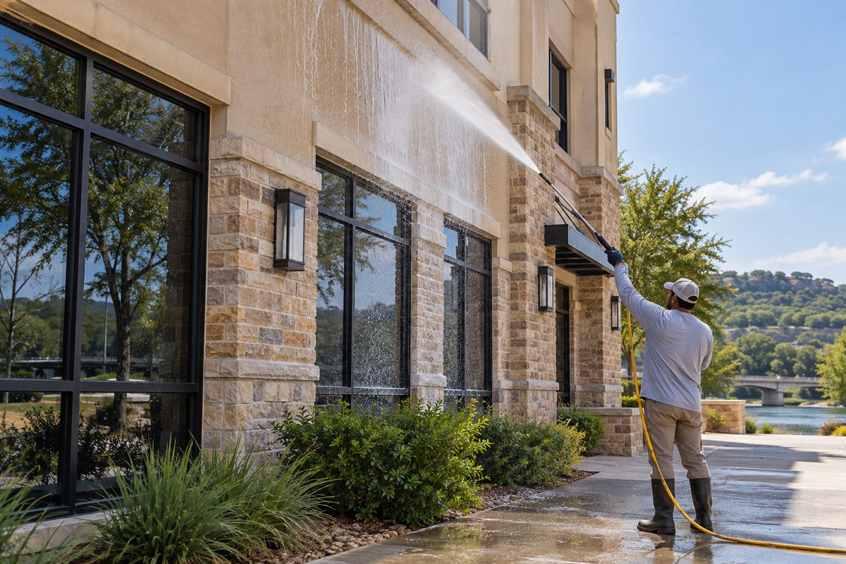 Commercial stucco and brick building facade undergoing low-pressure detergent soft wash treatment