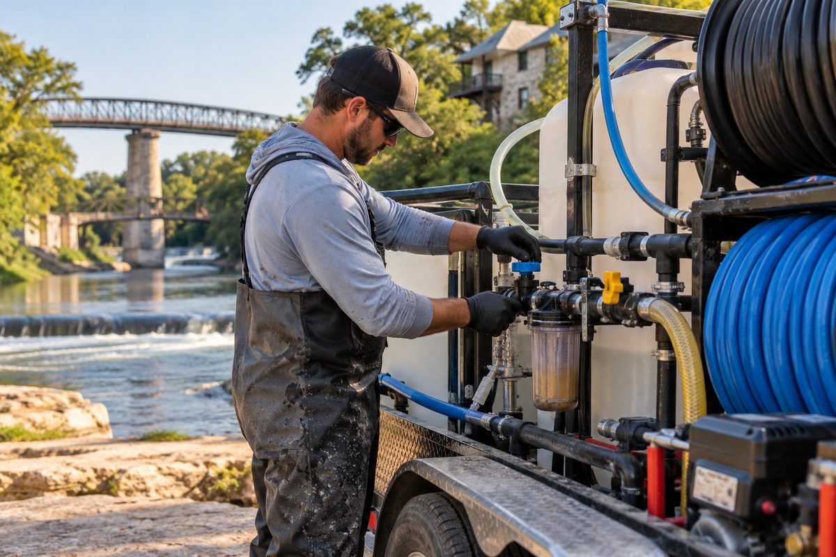 Exterior cleaning technician Ivan Petrov calibrating pressure equipment and chemical proportioning manifold on a work trailer
